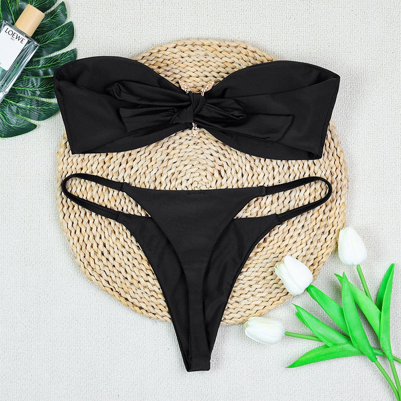 Black backless low-waist nylon bikini set - product image 2