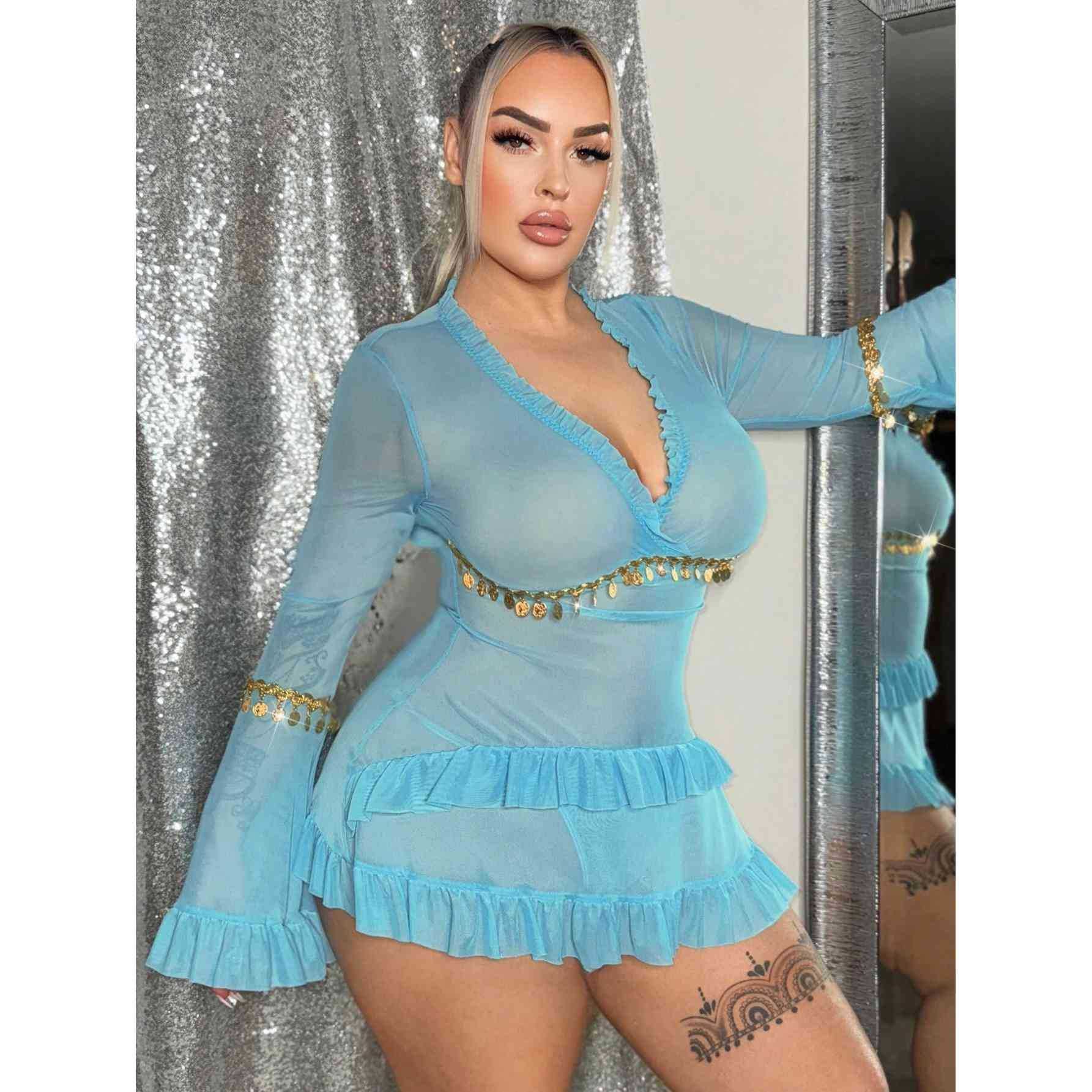 Elegant Lace and Mesh Lingerie Sets - Blue / L product image