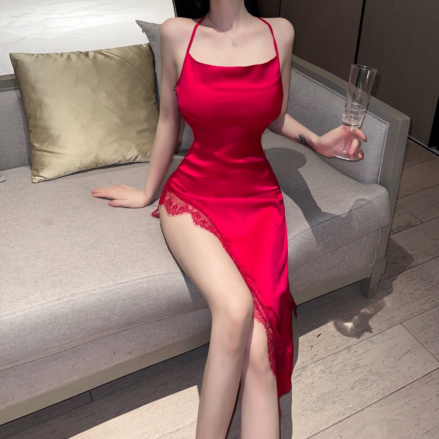 Crotchless fishnet satin and polyester lingerie bodysuits