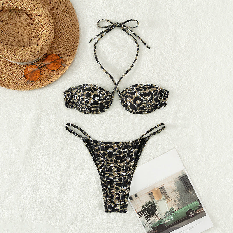 Backless leopard polyester and nylon bikini sets