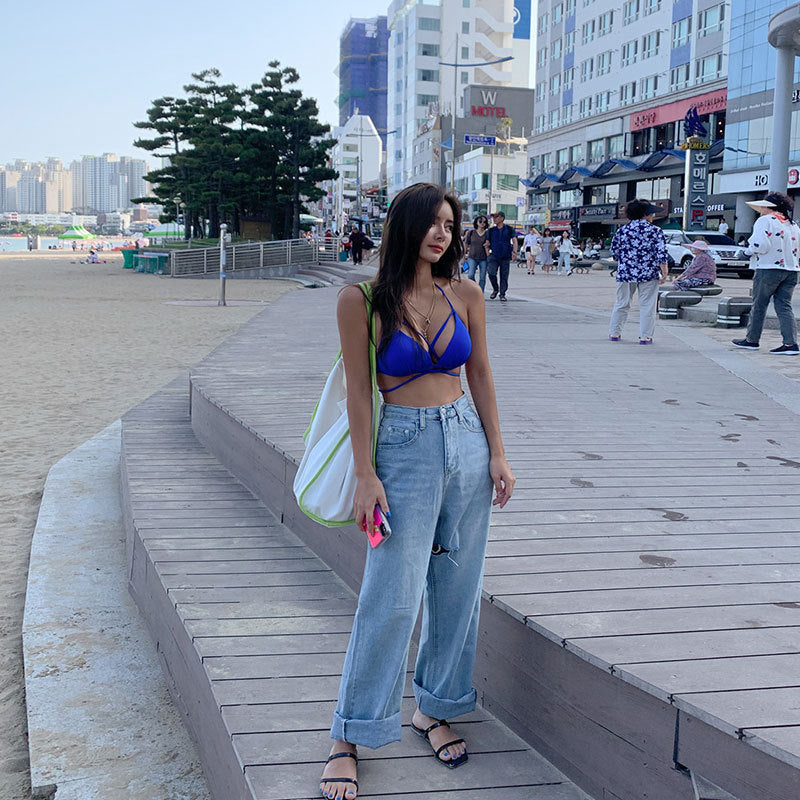 Pink high-waist polyester nylon bikini sets