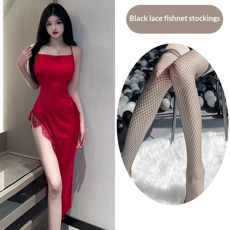 Crotchless fishnet satin and polyester lingerie bodysuits