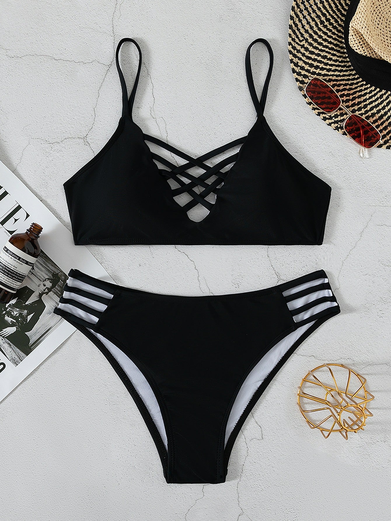 Black polyester lingerie bikini sets