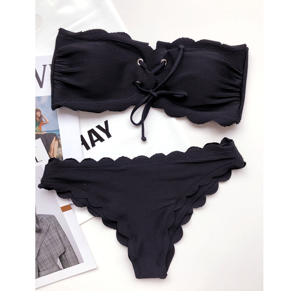 Black backless high-waist polyester bikini set - product image 2