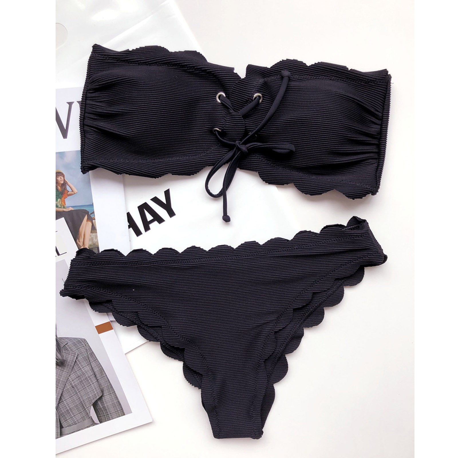 Black backless high-waist polyester bikini set - product image 2