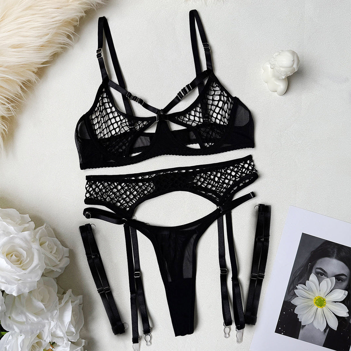 Elegant fishnet polyester lingerie sets