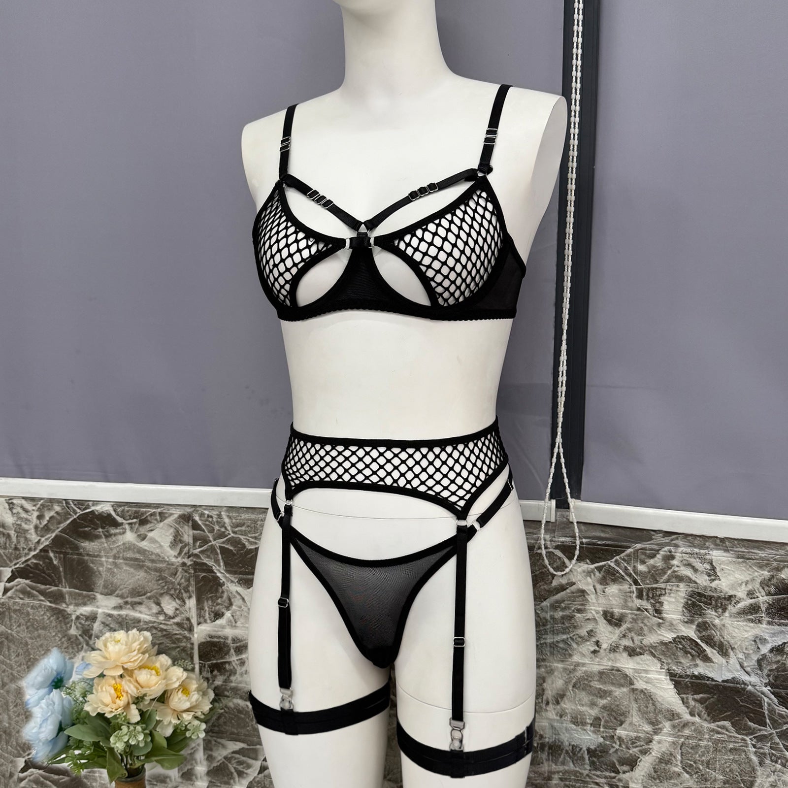 Elegant fishnet polyester lingerie sets - image 3