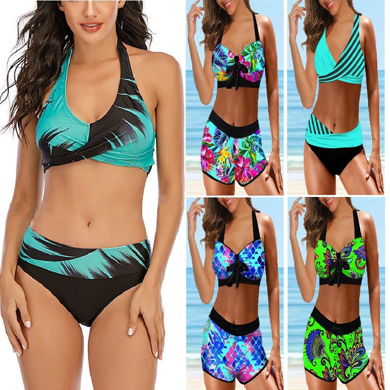 Blue floral backless polyester bikini set - product image 1