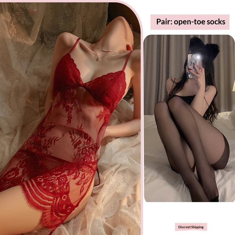 Crotchless fishnet sheer lace nightwear sets