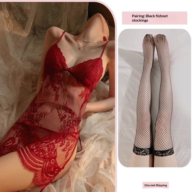 Crotchless fishnet sheer lace nightwear sets