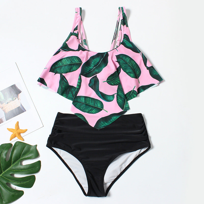 High-waisted floral ruffled polyester bikini sets