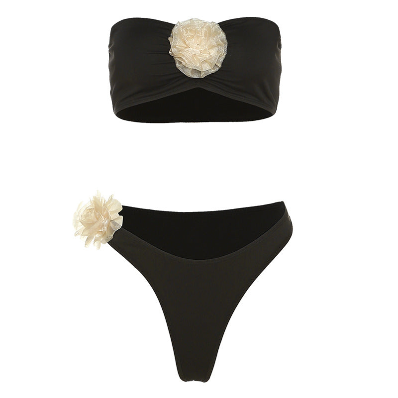Black floral polyester intimate bikini sets