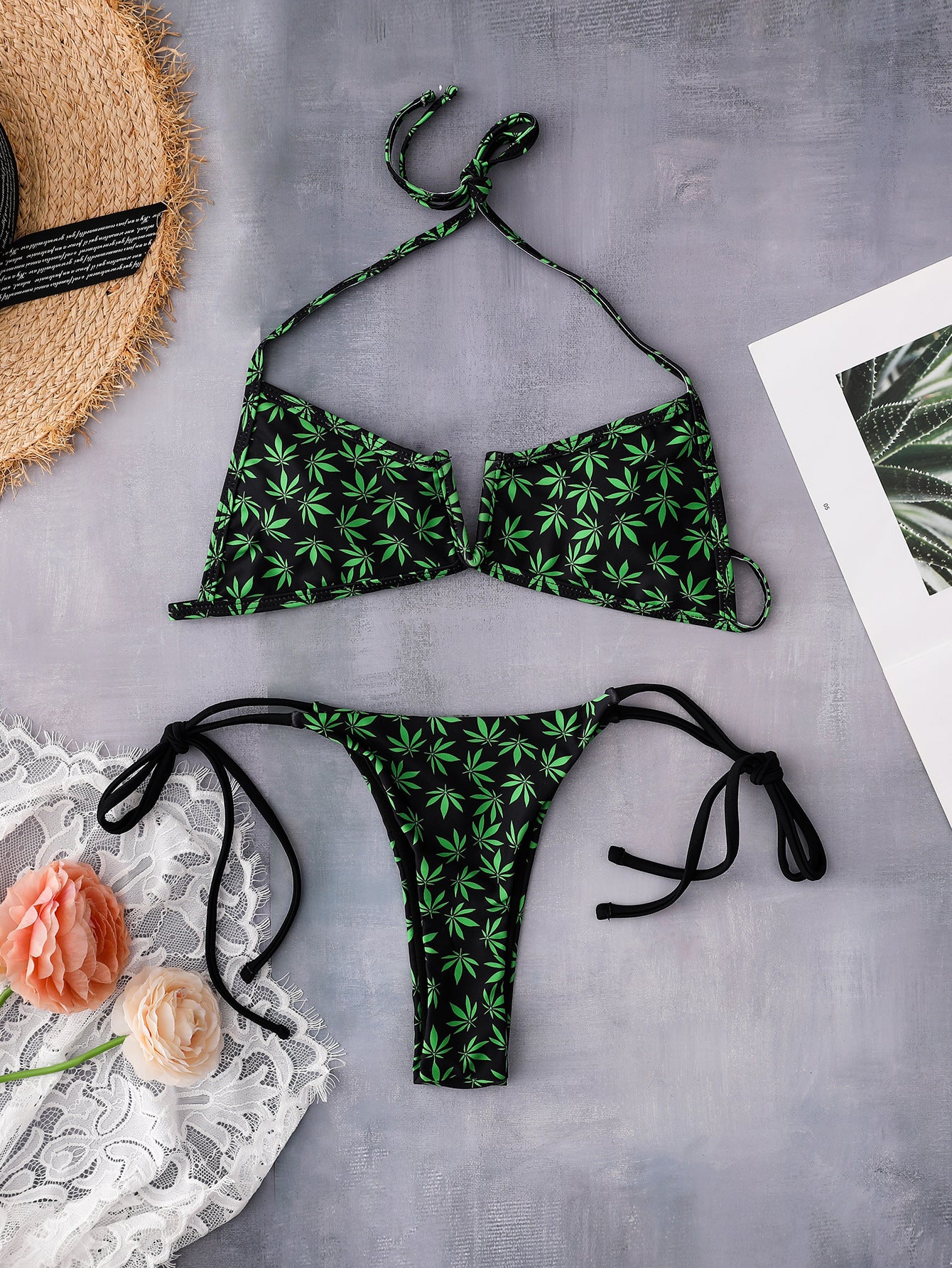Green underwire polyester intimate bikini sets